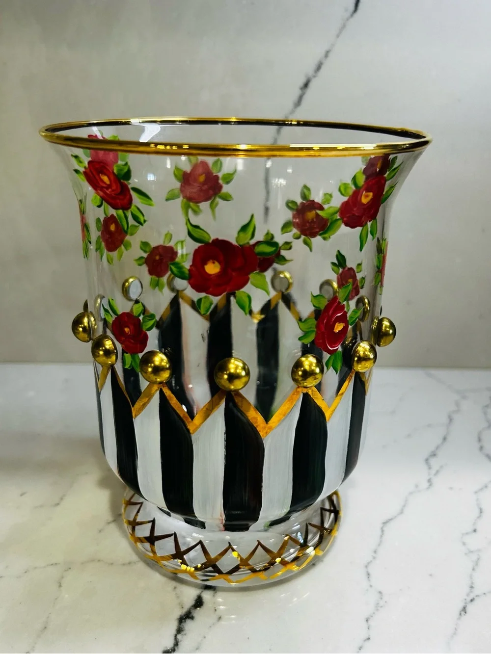 MacKenzie-Childs Hand-Painted Floral Glass Vase in Red, Black & Gold - Picture 1 of 6